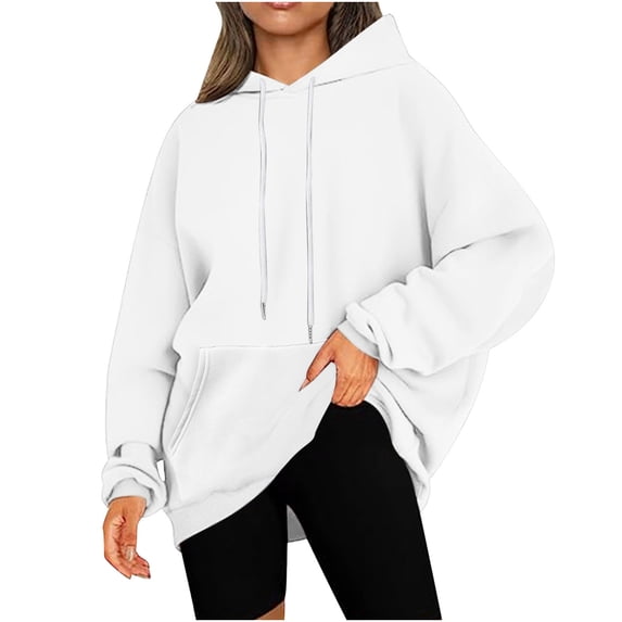 QUYUON Women's Casual Hoodies Long Sleeve Solid Lightweight Pullover Tops Loose Sweatshirt with Pocket Drawstring Hooded Sweatshirts Winter Shirts Cute Tunic Sweatshirts White L