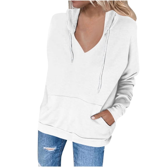 QUYUON Women's Casual Hoodies Tops Long Sleeve V-Neck Drawstring Hooded Pullover Sweatshirts with Pocket Soft Lightweight Fall Sweatshirts Winter Coat Tunic Shirts with Hood White L