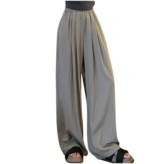 QUYUON Women's Casual Pants Sale Ice Silk Wide Leg Pants High Waist Casual Lazy Straight Leg Pants Women Yoga Pants Long Pant Leg Length Loungewear Style P5460 Gray S