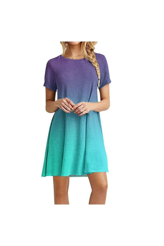 Women's Casual Tee Shirt Dress Short Sleeve Crew Neck Short Dress Ladies Floral Print Loose Fit Casual T-Shirt Swing Tunic Dress A-Line Beach Dresses Style D-622 Purple_G L