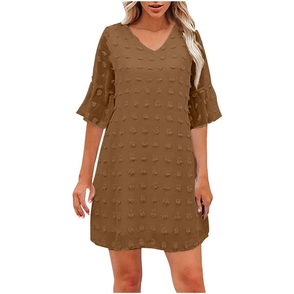 QUYUON Women's Chiffon Dress Summer Casual Loose Ruffle Short Sleeve V-Neck Mini Dresses Wedding Guest Evening Party Short Dresses A-Line Tunic T-Shirt Dress Style D-2605 Brown L