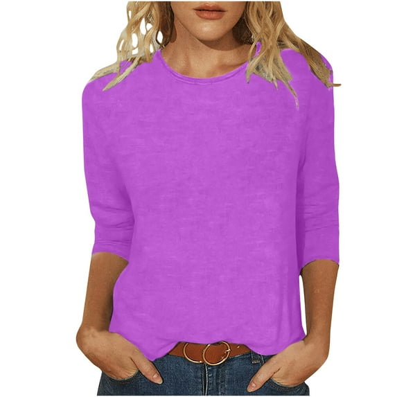 QUYUON Women's Fashion Sweatshirts Deals Graphic Sweatshirts Polyester 3/4 Sleeve Crew Neck Solid Blouse Tops Style S-325 Breathable Ladies Graphic Sweatshirts Modern Fit Shirts Purple S