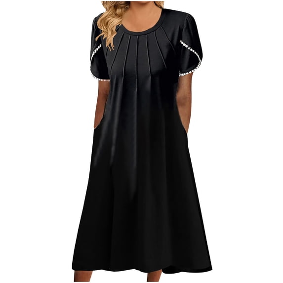 QUYUON Women's Flowy Dress Casual Summer Crew Neck Short Sleeve T-Shirt Midi Dresses with Pockets Tunic A-Line Dress Style A71 Holiday Beach Sundress Evening Cocktail Party Dress Black X-Large