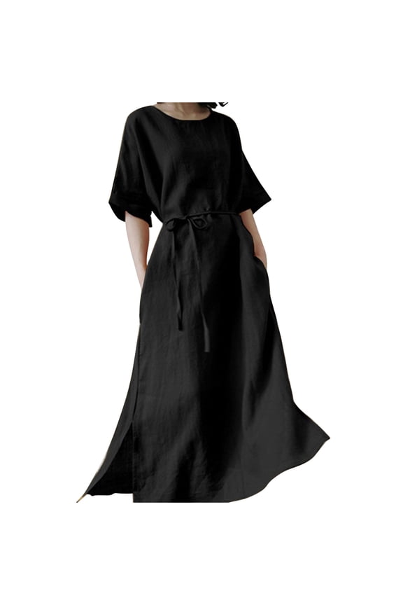 Women’s Linen Maxi Dress Summer Casual Round Neck Short Sleeve Long Dresses with Pockets Tie Belt Evening Gown Pleated A-Line T Shirt Beach Sundress Style A-217