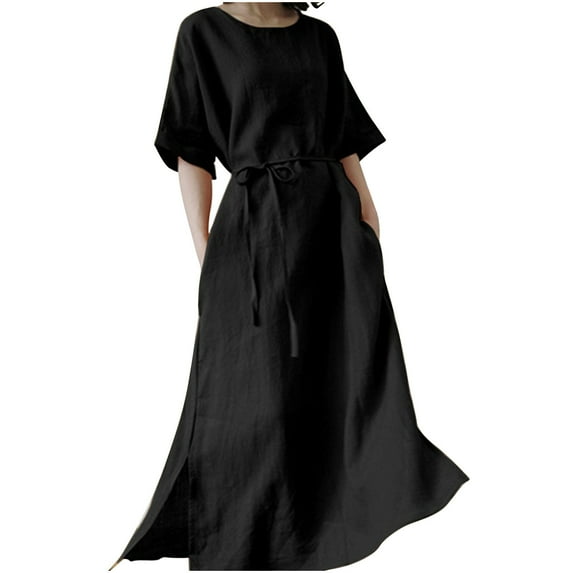 QUYUON Women’s Linen Maxi Dress Summer Casual Round Neck Short Sleeve Long Dresses with Pockets Tie Belt Evening Gown Pleated A-Line T Shirt Beach Sundress Style A-217