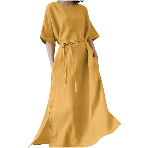 QUYUON Women’s Linen Maxi Dress Summer Casual Round Neck Short Sleeve Long Dresses with Pockets Tie Belt Evening Gown Pleated A-Line T Shirt Beach Sundress Style A-217
