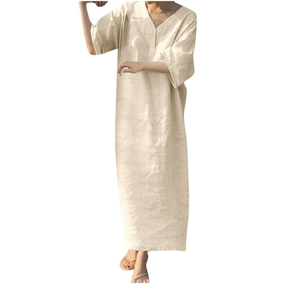 QUYUON Women’s Linen Maxi Dresses Summer V Neck Short Sleeve T Shirts Dress Solid Color Loose Fit Casual Long Blouse Shirt Dress Cotton Linen Dress Beach Sundress