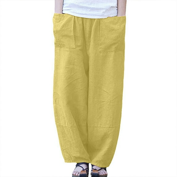 QUYUON Women's Linen Pants Fashion Women Casual Cotton Linen Pocket Solid Loose Pants Women Lounge Pants Full Pant Leg Length Track Pants Pant Style N-77 Yellow L