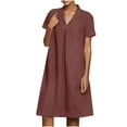 thumbnail image 1 of QUYUON Women’s Linen Shirt Dress Summer Casual Solid Color Short Sleeve V Neck Collar T Shirts Mini Dress Loose Fit Cotton Linen Dress T-Shirt Beach Sundress, 1 of 6