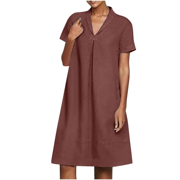 QUYUON Women’s Linen Shirt Dress Summer Casual Solid Color Short Sleeve V Neck Collar T Shirts Mini Dress Loose Fit Cotton Linen Dress T-Shirt Beach Sundress