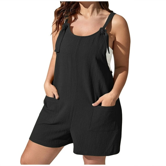 QUYUON Women's Plus Size Overalls Jumpsuits Shorts Casual Loose Tie Straps Scoop Neck Sleeveless Tank Tops Short Romper Jumpsuits with Pockets Solid Color Short Bib Overalls , Style 716 Black 3XL
