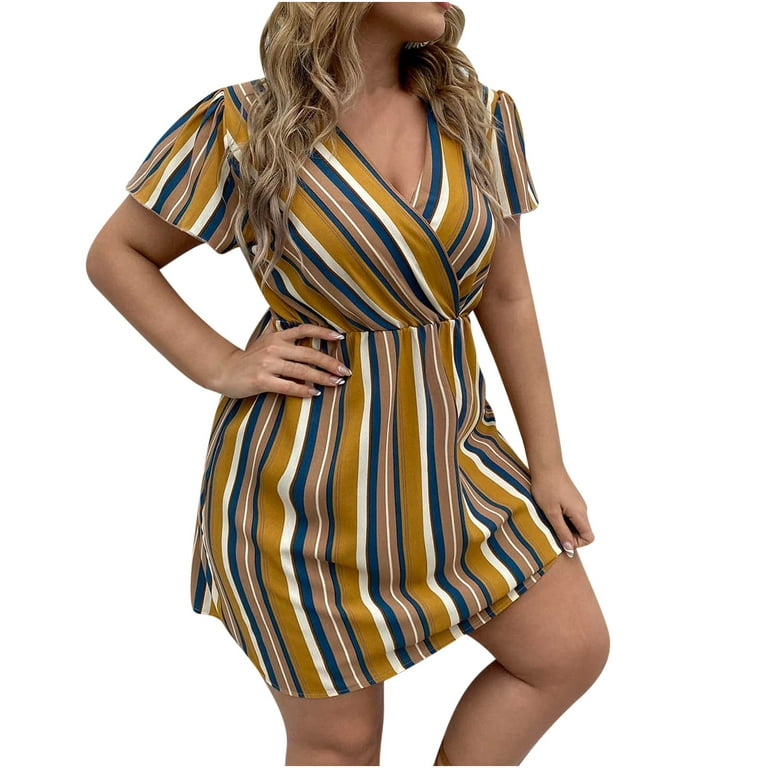 QUYUON Women's Plus Size Wrap Dresses Vintage Striped Floral Printed V-Neck  Short Sleeve Summer T-Shirt Dress Casual Loose Swing A-Line Knee Length