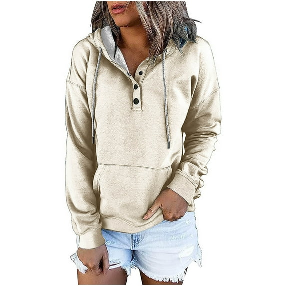 QUYUON Women's Pullover Hoodies Tops Casual Button up Long Sleeve Sweatshirts with Pocket Drawstring Soft Light Weight Hooded Sweatshirt Solid Color Loose Fit Hoodies Shirts Beige XXL