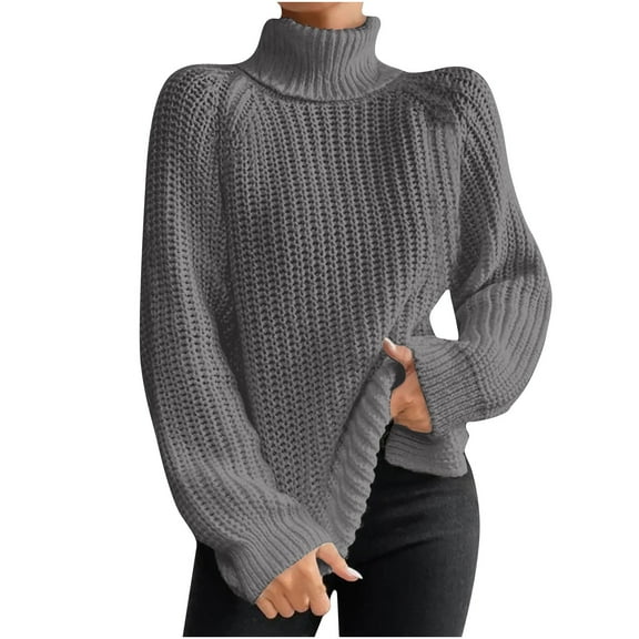 QUYUON Women's Pullover Sweaters Turtleneck Long Sleeve Cable Knit Sweaters Side Split Hem High Low Tunic Sweater Knitted Pullover Jumper Tops Casual Loose Winter Warm Sweater Gray L