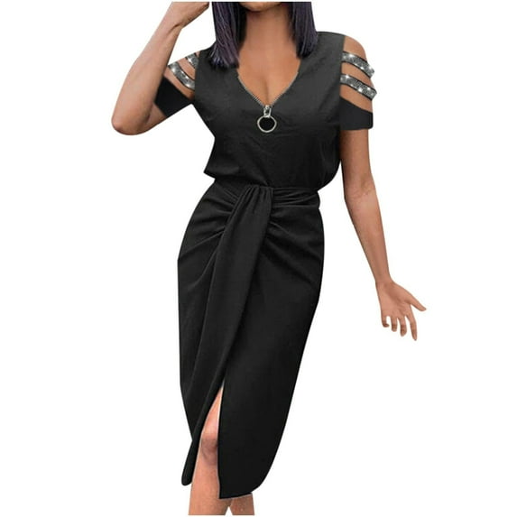 QUYUON Women’s Ruched Bodycon Midi Dress Business Casual Work Dress Summer Cold Shoulder Short Sleeve Zipper V-Neck Pencil Dress Split Wedding Guest Party Dress