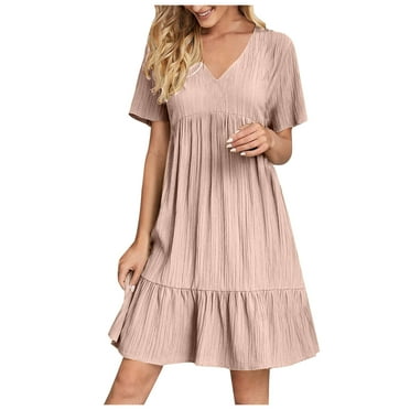 QUYUON Women's Ruffle Dress Casual V-Neck Short Sleeve Summer Dresses Ruffle Hem Flowy Boho Mini Dress Pleated A-Line Tunic T-Shirt Dress Style A-146