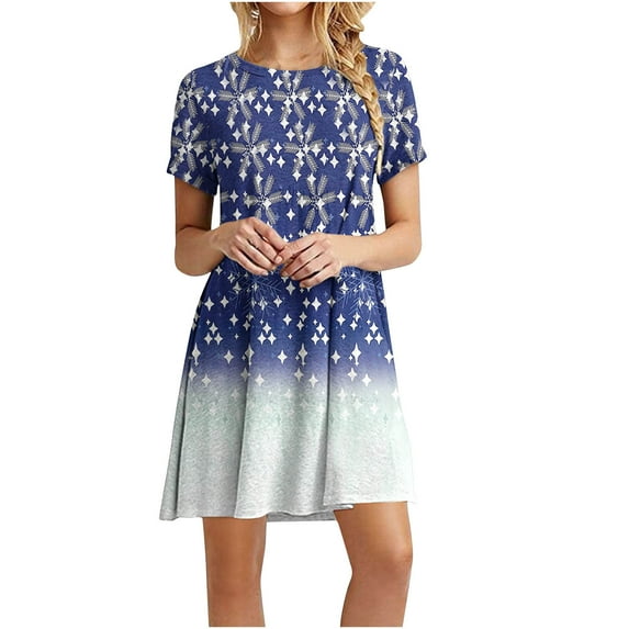 QUYUON Women's Short Sleeve Scoop Neck Swing Dress Casual Summer Floral Print T-Shirt Mini Dress Loose Fit Comfy Casual Swing Tunic Dress A-Line Short Dresses Style D-596 White_F M