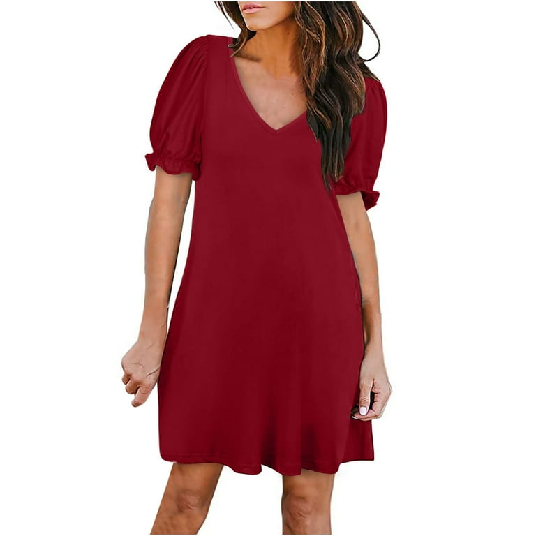 QUYUON Women's Short Sleeve V-Neck Swing Dress Summer Tunic