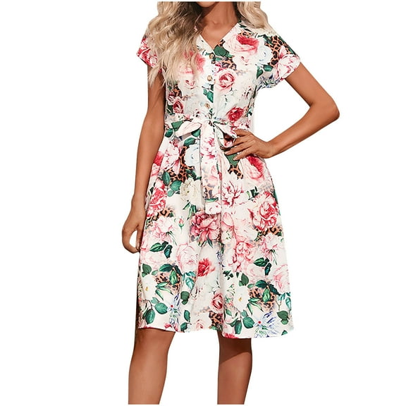 QUYUON Women’s Summer Floral Dresses Belt Dress Casual Button Front V-Neck Short Sleeve Knee Length Dress with Pockets Floral Printed Flowy A-Line Cocktail Party Sundress Style A-207