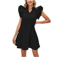 thumbnail image 1 of QUYUON Women's Summer Mini Dress Ruffle Short Sleeve V-Neck Tunic Swing Dress Pleated A-Line Short Dress Tie Knot Front Solid Color Beach Sundress Club Party Dress Style D-1870 Black XL, 1 of 5