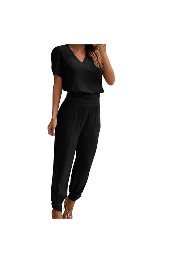 Women's Two Piece Tracksuit Summer Outfits Sets Short Sleeve V-Neck Tops with Sweatpants 2 Piece Outfits Long Pants Sets Workout Sweatsuits Joggers Sets Activewear A-Black M