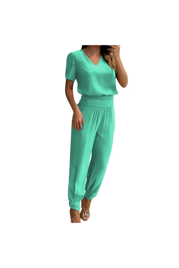 Women's Two Piece Tracksuit Summer Outfits Sets Short Sleeve V-Neck Tops with Sweatpants 2 Piece Outfits Long Pants Sets Workout Sweatsuits Joggers Sets Activewear A-Green M