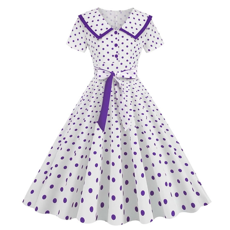 QUYUON Women's Vintage Cocktail Dresses Polka Dot Printed Retro Cocktail  Party Swing Dress Tie Waist Button Down Collar Wedding Guest Prom Dress  Pleated A-Line Knee Length Dress Style D-1471 Purple XL -