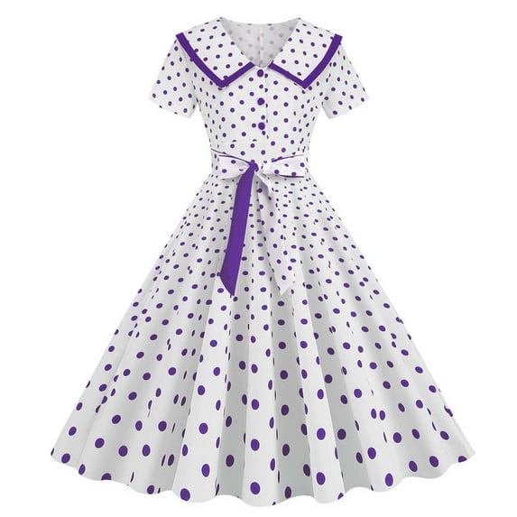 QUYUON Women's Vintage Cocktail Dresses Polka Dot Printed Retro Cocktail Party Swing Dress Tie Waist Button Down Collar Wedding Guest Prom Dress Pleated A-Line Knee Length Dress Style D-1470 Purple L