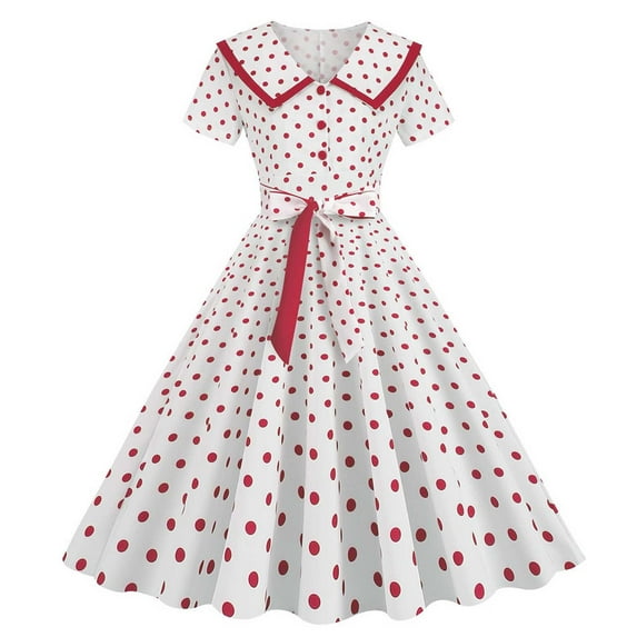 QUYUON Women's Vintage Cocktail Dresses Polka Dot Printed Retro Cocktail Party Swing Dress Tie Waist Button Down Collar Wedding Guest Prom Dress Pleated A-Line Knee Length Dress Style D-1465 Red L