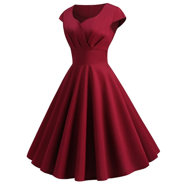 QUYUON Women s Vintage Dress Elegant Formal Sweetheart Neckline Short Sleeve Prom Dress Retro Cocktail Party Swing Dresses Back Zipper Wedding Guest Pleated A Line Knee Length Dress Wine X Large Walma...
