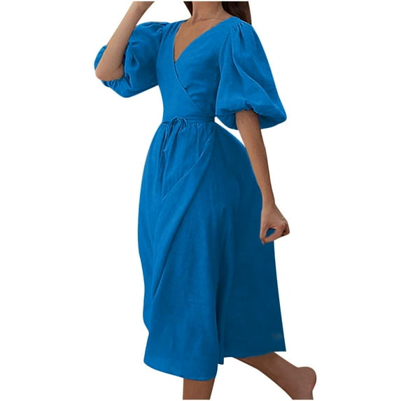QUYUON Women's Wrap Dress Summer V-Neck Puffy Short Sleeve Midi Dresses Tie Waist Solid Color Pleated A-Line Slit Long Dresses Wedding Guest Cocktail Party Dress Style D-2952 Blue L