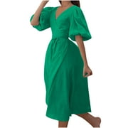 QUYUON Women's Wrap Dress Summer V-Neck Puffy Short Sleeve Midi Dresses Tie Waist Solid Color Pleated A-Line Slit Long Dresses Wedding Guest Cocktail Party Dress Style D-2960 Green L
