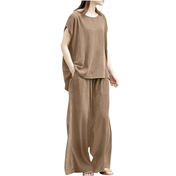 QUYUON Womens 2 Piece Outfits Casual Loose Short Sleeve Crew Neck Tops Summer Wide Leg Pants Two Piece Lounge Sets Vacation Outfits Long Trousers Pants Sets Loungewear Khaki XL