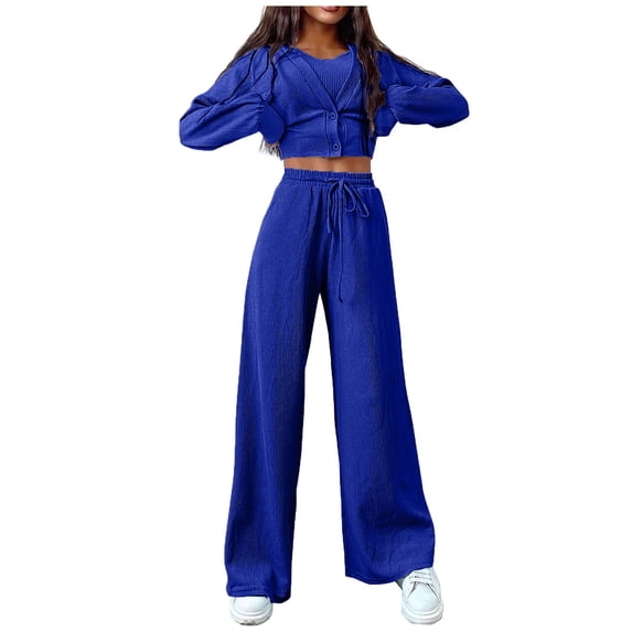 QUYUON Womens 2023 Fall Track Suits 3 Piece Outfits Matching Sets Long Sleeve Ribbed Knit Cardigan Sleeveless Cropped Tank Tops and Wide Leg Pants Drawstring Elastic High Waist Pants Sets Blue XL