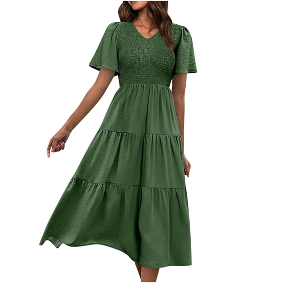 QUYUON Womens 2023 Summer Dress V Neck Short Sleeve Ruffle Hem A-Line Bohemian Midi Dresses Vintage Cocktail Dresses for Women Evening Party Wedding Guest Dress Style D-7840 Army Green XXL