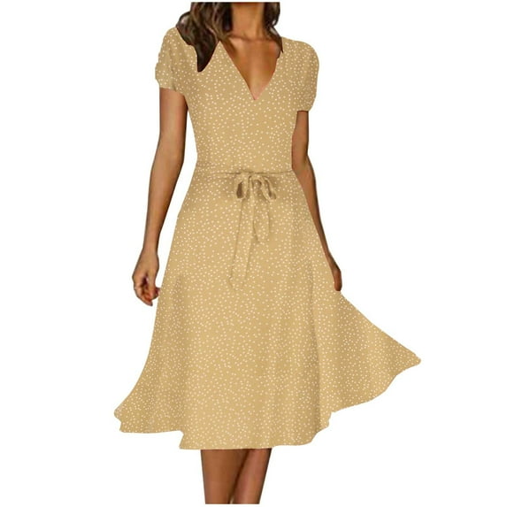 QUYUON Womens Beach Dresses Summer Casual V-Neck Short Sleeve Polka Dot Print Midi Dress with Belted High Low A-Line Flowy Dress Cocktail Party Knee Length Dress Sundress Style D-3868 Khaki XL