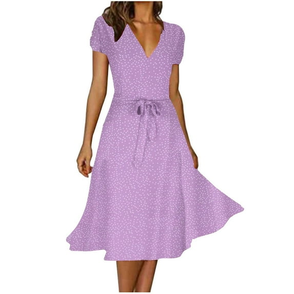 QUYUON Womens Beach Dresses Summer Casual V-Neck Short Sleeve Polka Dot Print Midi Dress with Belted High Low A-Line Flowy Dress Cocktail Party Knee Length Dress Sundress Style D-3856 Purple M