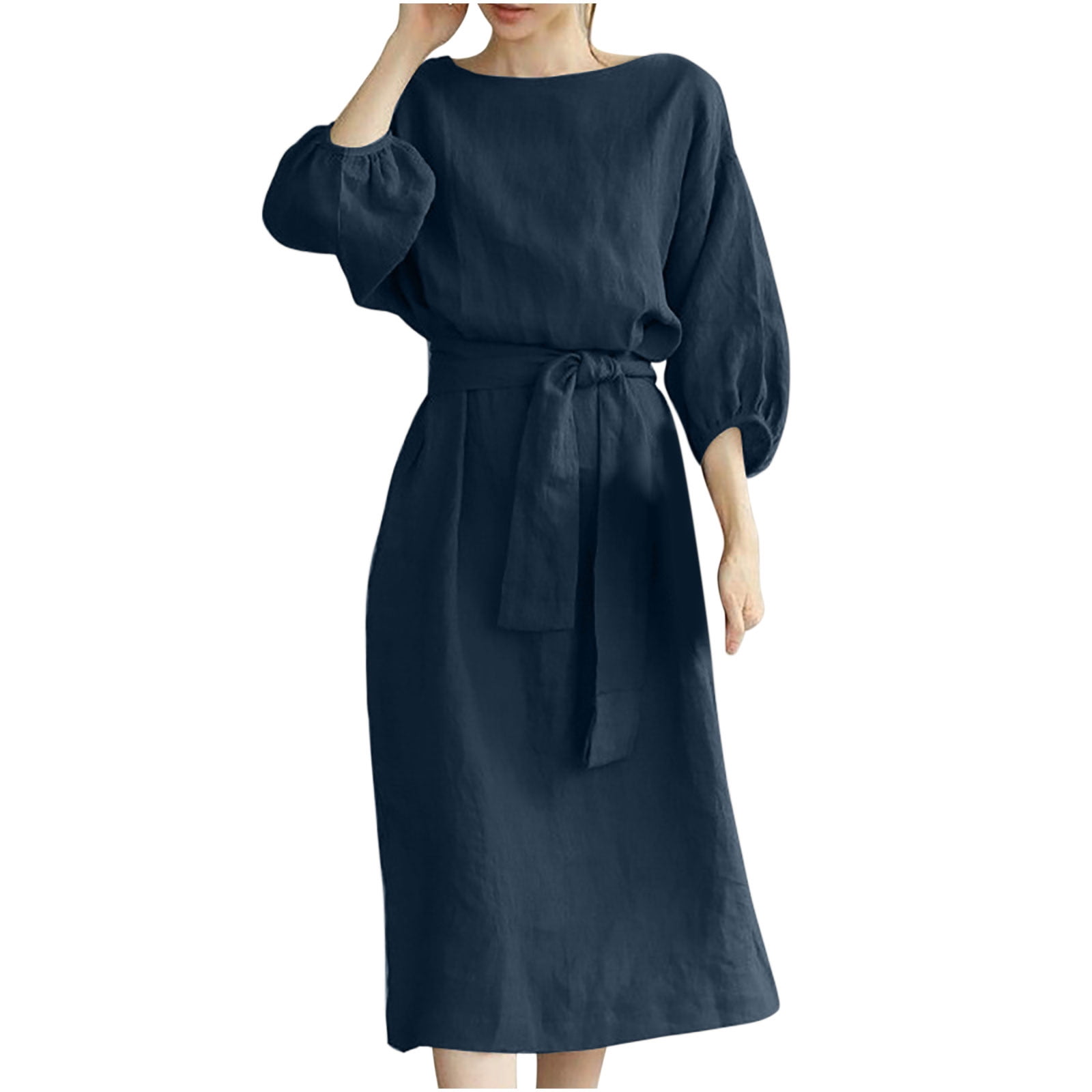 QUYUON Linen Dress for Women Summer Belted Midi Dress Ladies