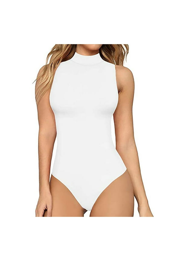 Womens Bodysuit Tops Women's Mock Turtle Neck Sleeveless Tank Tops Bodysuit Leotard Clothing Ladies Body Suits Thong Jumpsuit Fashion Rompers T Shirt Bodysuit Jumpsuit , Style 801 White M