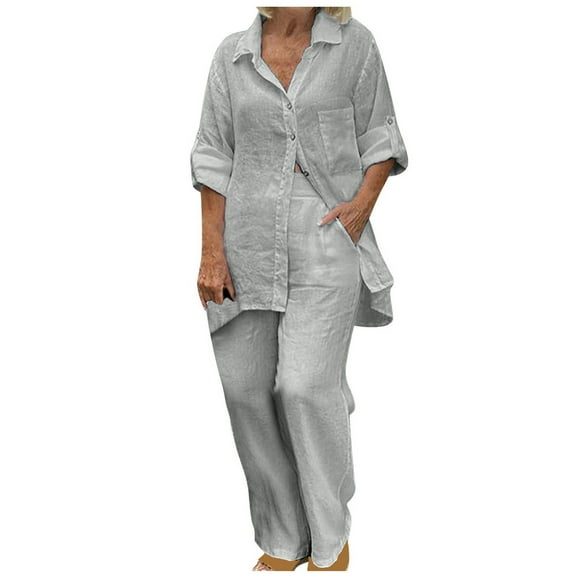 QUYUON Womens Button-Down Blouse and Pants Set Plus Size Summer Outfits 2 Piece Shirt and Pants Set for Women Two Piece Short Sleeve Blouse Long Pants Sets Matching Outfits Style TW-42 Gray 4XL