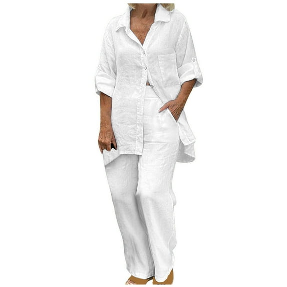 QUYUON Womens Button-Down Blouse and Pants Set Plus Size Summer Outfits 2 Piece Shirt and Pants Set for Women Two Piece Short Sleeve Blouse Long Pants Sets Matching Outfits Style TW-48 White 4XL