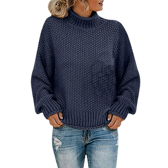 QUYUON Womens Cable Knit Sweater Womens 2023 Winter Fall Turtleneck Long Sleeve Knitted Pullover Sweaters Women's Solid Color High Neck Cable Knit Sweater Outerwear Sweater Coat Y-1 Navy XXL