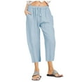 thumbnail image 1 of QUYUON Womens Capris for Summer High Waisted Cotton Linen Pants Drawstring Elastic Waist Pull on Pants Trousers with Pockets Casual Loose Straight Wide Leg Cropped Pants Sky Blue-A, 1 of 6