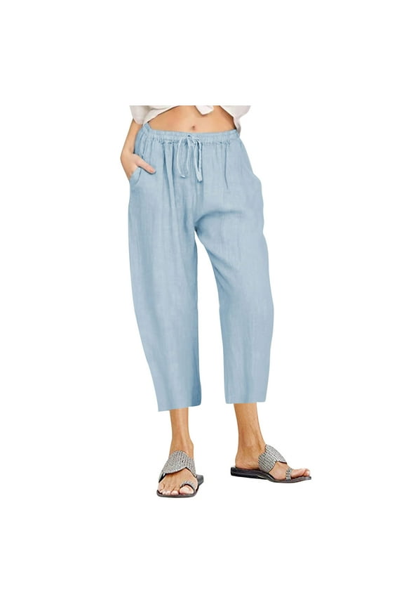 Womens Capris for Summer High Waisted Cotton Linen Pants Drawstring Elastic Waist Pull on Pants Trousers with Pockets Casual Loose Straight Wide Leg Cropped Pants Sky Blue-A