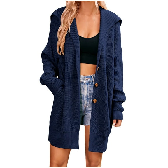 QUYUON Womens Cardigan Sweaters with Pockets Sale Long Sleeve Lace Cardigan for Women Women's Cardigan Sweaters Pockets Cardigan Jacket Style Q-2858 Winter Knit Sweater Outerwear Coat Dark Blue S