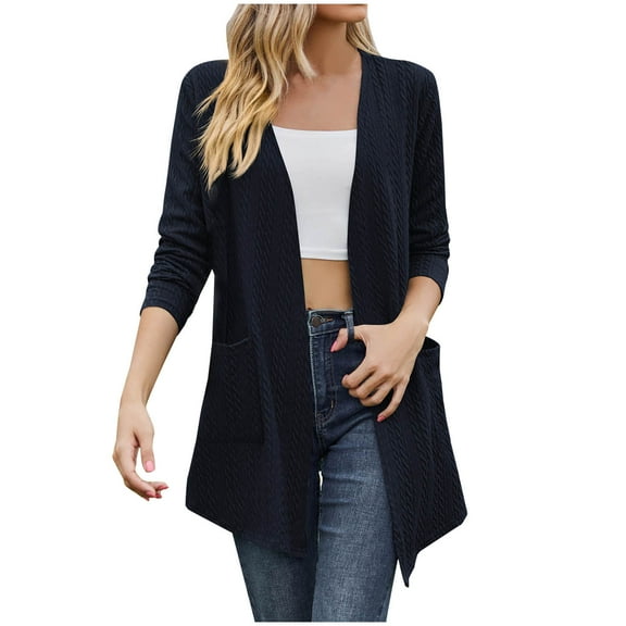 QUYUON Womens Cardigan Sweaters with Pockets Sale Long Sleeve Womens Long Cardigan Sweaters mal Cardigan Evening Dresses Pockets Cardigan Jacket Style Q-6538 Winter Knit Sweater Outerwear Coat Navy M