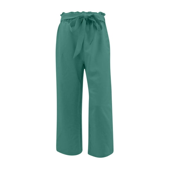 QUYUON Womens Casual Pants Sale Casual Solid Cotton Linen Drawstring Elastic Waist Long Wide Leg Pants Pants Women Trendy Long Pant Leg Length Activewear Style P8736 Green XXL