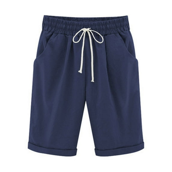 QUYUON Womens Casual Summer Shorts Drawstring Elastic Waist Shorts for Women Linen Shorts Lounge Shorts Style S-48 Pull On Straight Leg Short Pants with Pockets Beach Shorts , Dark Blue L