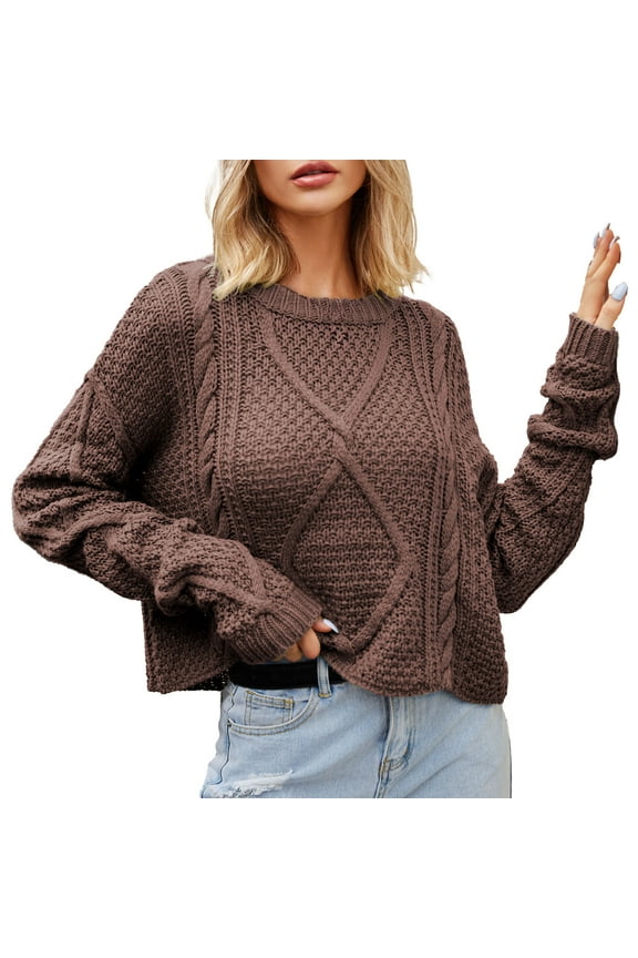 Womens Casual Sweaters Crop Sweaters Casual Long Sleeve Crew Neck Cable Knit Sweater Pullover Jumper Crop Tops Winter Warm Sweatshirts Tunic Shirts Fall Sweaters Brown L