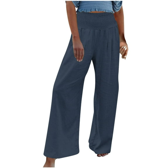 QUYUON Womens Comfy Pants Deals Fashion Summer Casual Loose High Waisted Elastic Waist Solid Trousers Pants Comfy Lounge Pants Women Full Length Pant Leg Workwear Style P3067 Blue XL